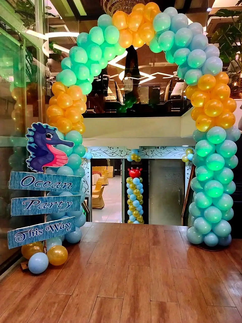 Ocean-themed balloon entrance for a birthday party at Temptation, Agra